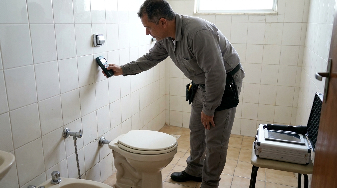 Técnico de caça vazamento analisando tubulação em Guarulhos‑SP
