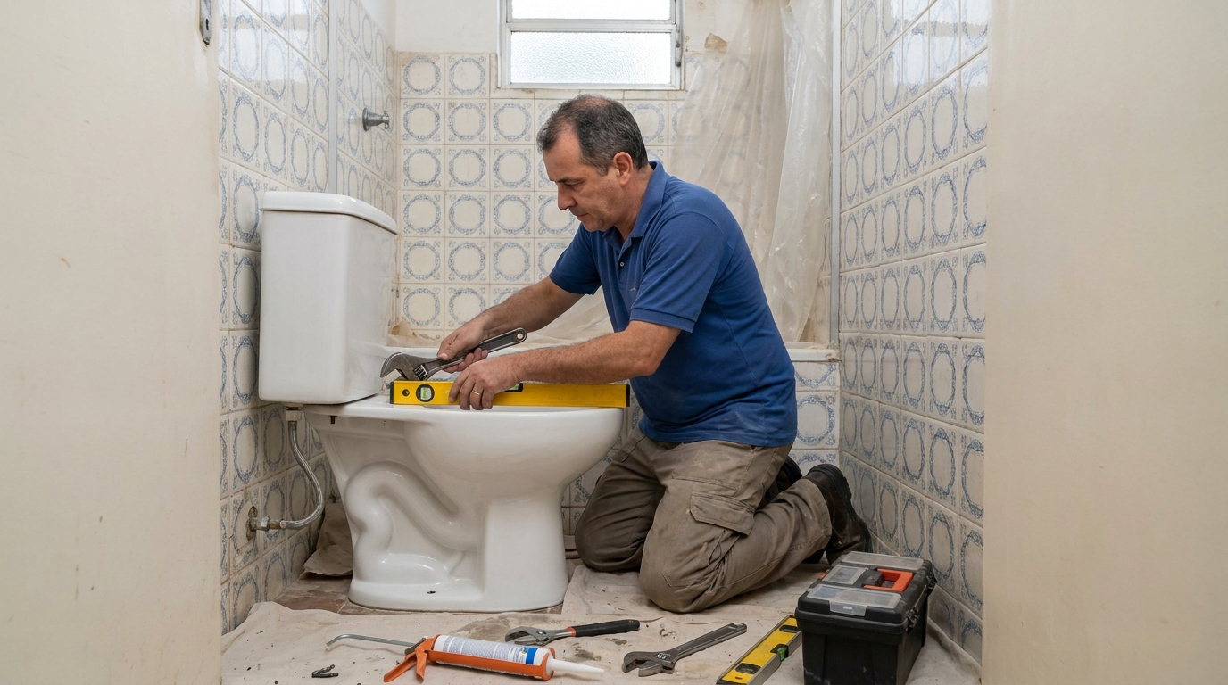 Técnico instalando vaso sanitário em Guarulhos‑SP